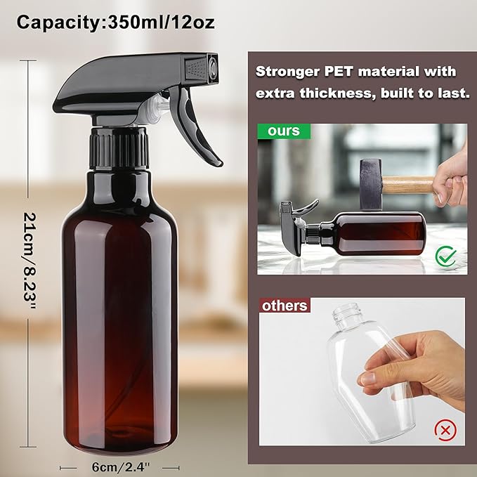 3 Pack Plastic Spray Bottles Empty Spray Bottle 10oz/300ml Heavy Duty Spraying Bottles Mist/Stream Water Bottle for Cleaning Solutions, Essential Oils, Hair (Amber)