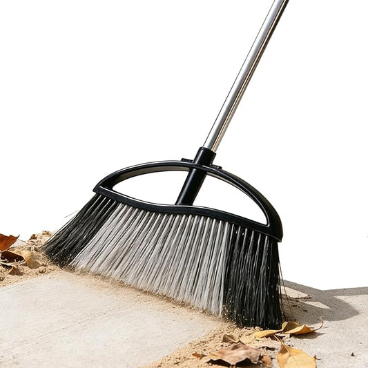 MuLing Heavy Duty Outdooor Broom - 15.7" Wide Broom with Long Adjustable Handle & Stiff Bristles for Patio, Garage, Yard, Garden (Black)