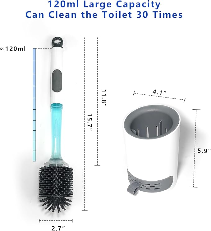 BERGFBV Silicone Toilet Brush and Holder Set, 2 Packs Bendable Toilet Scrubber for Curved Rim, Non-Scratch Drip-Resistant Brush with Sprayer, Space Saving Bathroom Essentials (2)