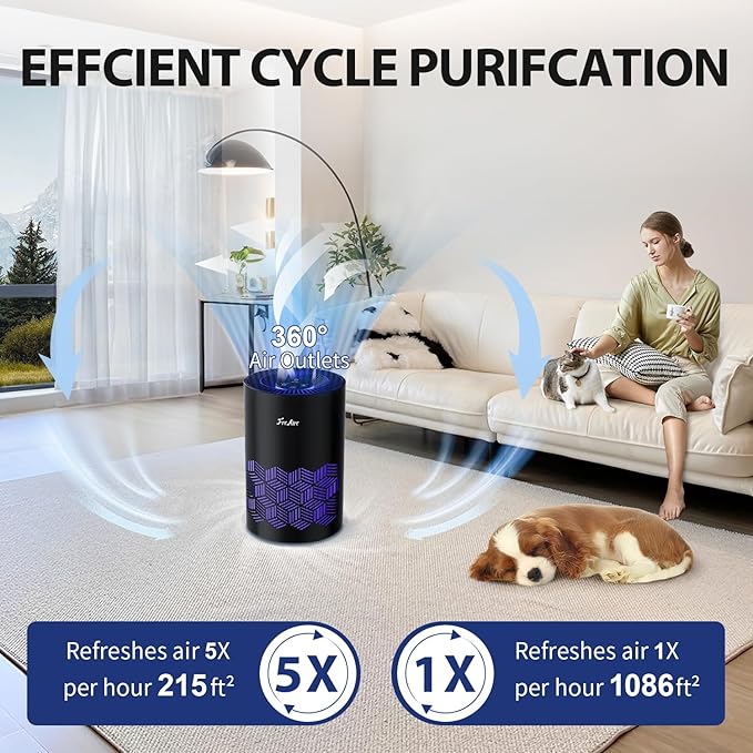 FreAire Air Purifiers for Bedroom Covers Up to 1086 Ft², Air Purifiers for Home, HEPA Air Purifier with Lights, Air Purifier Removes Dust Smoke Pollen Dander Smell, for Home/Pets/Bedroom (Black)