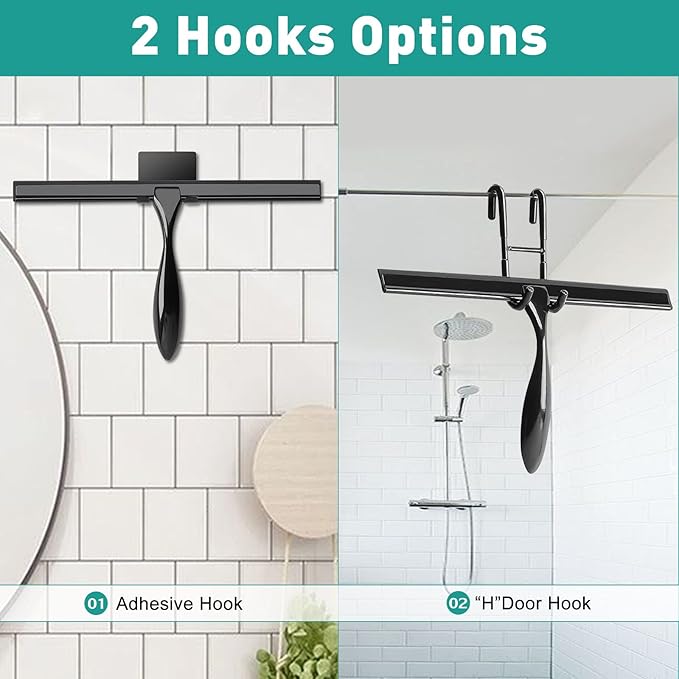 steauty Shower Squeegee for Glass Doors,14-Inch Shower Glass Squeegee, Matte Black Shower Squeegee for Shower Doors,Mirror,Windows, with Shower Door Hook and Adhesive Hook