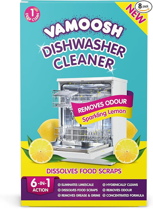 Vamoosh 6-in-1 Dishwasher Cleaner | Natural Citric Acid Cleaning Formula | No Limescale Removal | Grease Elimination | Eco-Friendly | Made in the UK | 100g (Pack of 8)