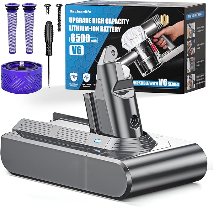Becleanlife 6500mAh V6 Battery Replacement Compatible with Dyson V6 Animal/Absolute/Motorhead/Fluffy SV03 SV04 SV05 SV06 SV07 SV09 DC58 DC59 DC61 DC62 DC72 DC74 Vacuum Cleaner