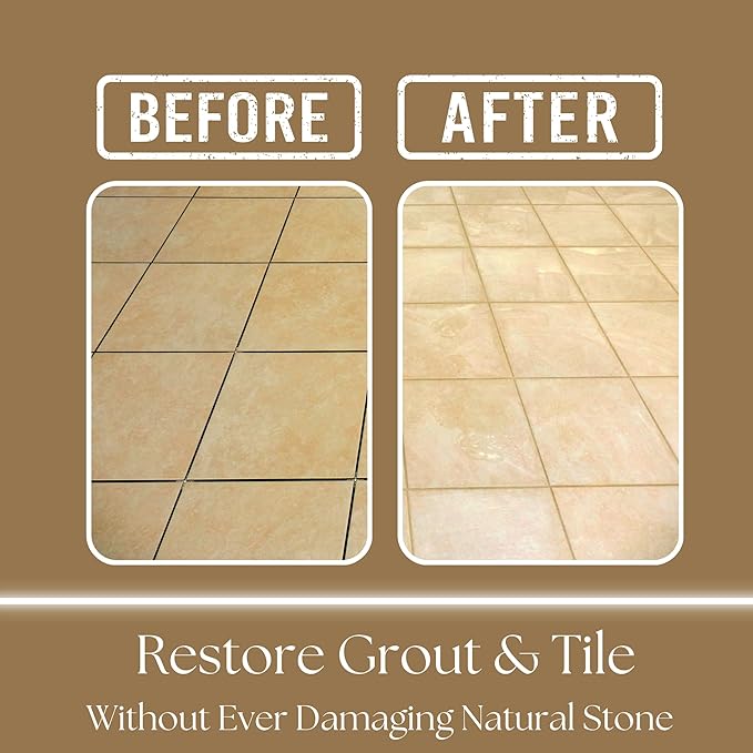 GEODE Natural Stone Grout Cleaner & Brush for tile floors - non-damaging, safe for Marble, Limestone, Travertine, Ceramic - Industrial Strength Tile, Stain Remover, Powerful Formula (32 oz)