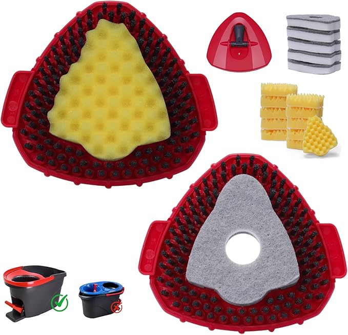 2 Pcs Spin Mop Replacements Scrub Brush and 1 Mop Base with 6 Pcs Scouring Pad Compatible with Cedar EasyWring 1 Tank System，Including 6Pcs Scouring Pad + 12Pcs Heavy Duty Scrub Sponge