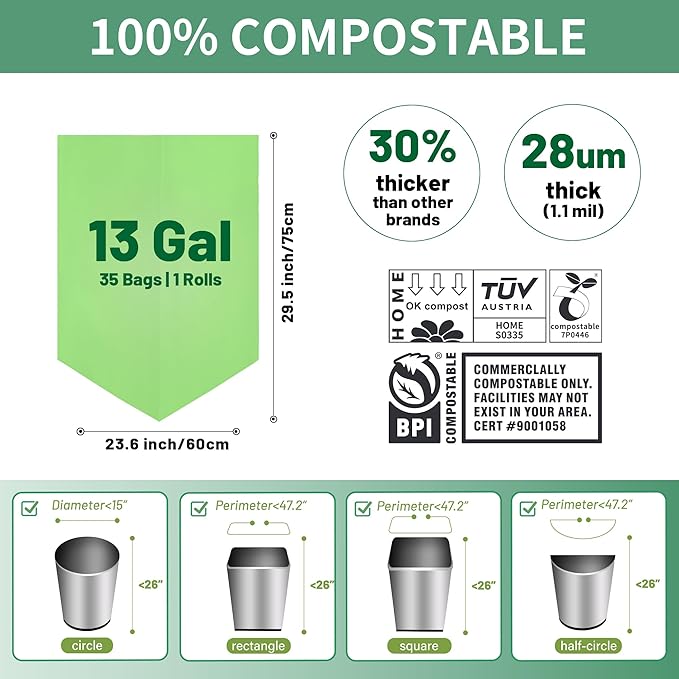 Eargardin 13 Gallon Trash Bags Compostable Compost Large Garbage Bag Extra Thick 1.1 Mil for Kitchen Bathroom BPI Certified 35 Counts, Green