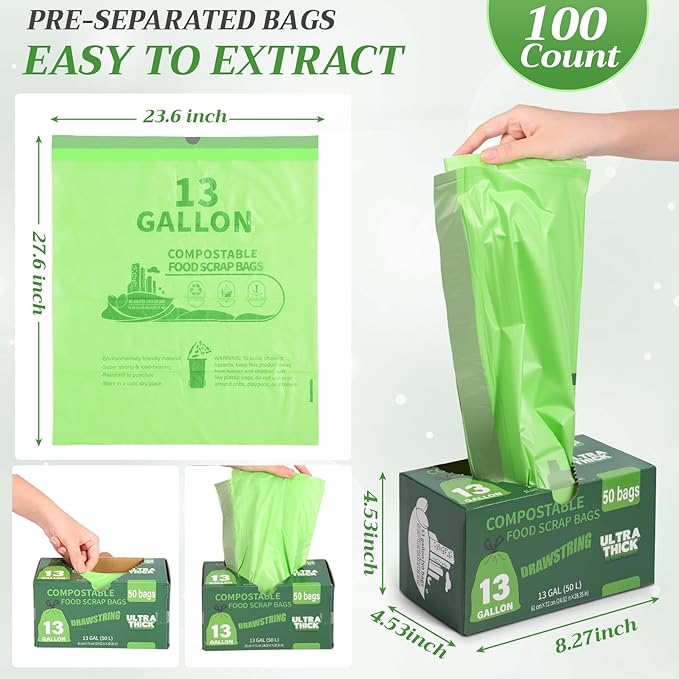 Amyhill 100 Count 13 Gallon Compostable Trash Bags Drawstring Heavy Duty Extra Thick 1.58 Mil 49.2 Liter Garbage Bags 13 Gallon Tall Kitchen Food Scrap Waste for Home Bathroom Garbage, Green