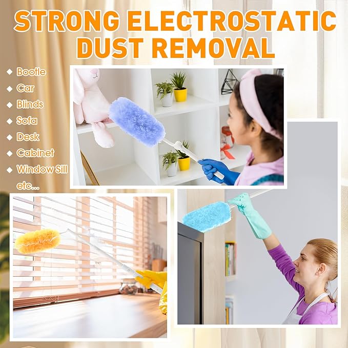 Reallnaive 60 Pcs Heavy Duty Duster Refills with One 3 ft Retractable Handle 360° Heavy Duty Dusting Kit Multi-Surface Duster Refills Disposable Microfiber Dusters Feather Kit