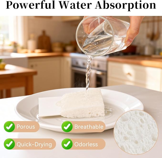Mkobon 6 Pcs Kitchen Sponges for Dishes Cleaning, Non Scratch for Non Stick Cookware, Compressed Natural Cellulose Sponges, Dish Washing Scrubbers, Scrubbing Pads for Household, Bathroom (White)