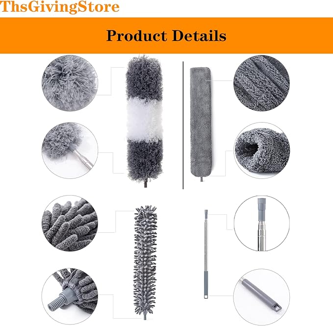 4PCS Ceiling Fan Duster with Extension Pole 16-98'', Microfiber Dust Brush + Gap Mop + Chenille Duster + Retractable Pole, Bendable Washable Feather Dusters for Cleaning Ceilings, Wall and Car