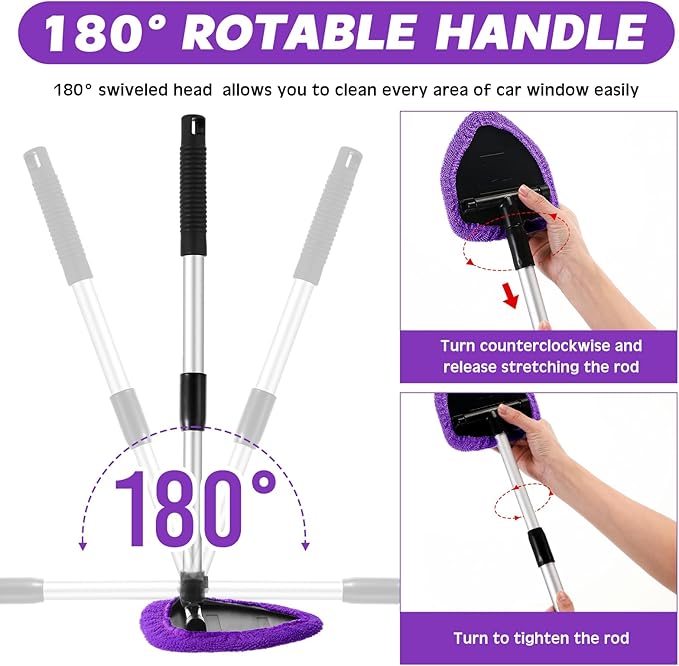 Baderke 10 Pcs Windshield Cleaner Tool Car Window Cleaning Supplies with Extendable Handle Include 6 Washable Microfiber Bonnets 2 Empty 60ml Spray Bottle Glass Wiper Kit(Purple)