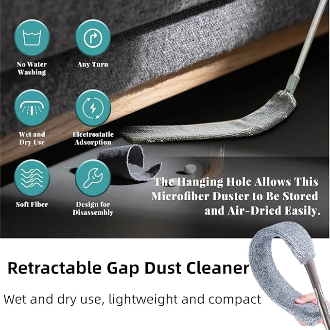Saker Plus Mop, Retractable Gap Dust Cleaning Artifact, Retractable Gap Dust Cleaner Flat Duster 2 Microfiber Dusting Cloths Long Handle