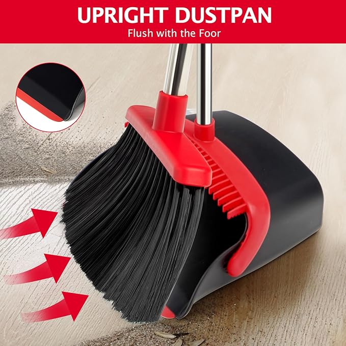 XXFLOWER Broom and Dustpan Set with Long Handle, Heavy Dust Broom and Dustpan Combo for Home，Kitchen, Office, Pet Hair 2PCS (Black Red)