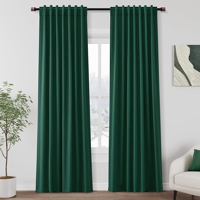 Nanspring Linen Texture Blackout Curtains 84 Inches Length 2 Panels Set Thermal Insulated Bedroom Drapes with Back Tab 100% Room Darkening Neutral Rustic Farmhouse Curtains in Dark Green 52X84
