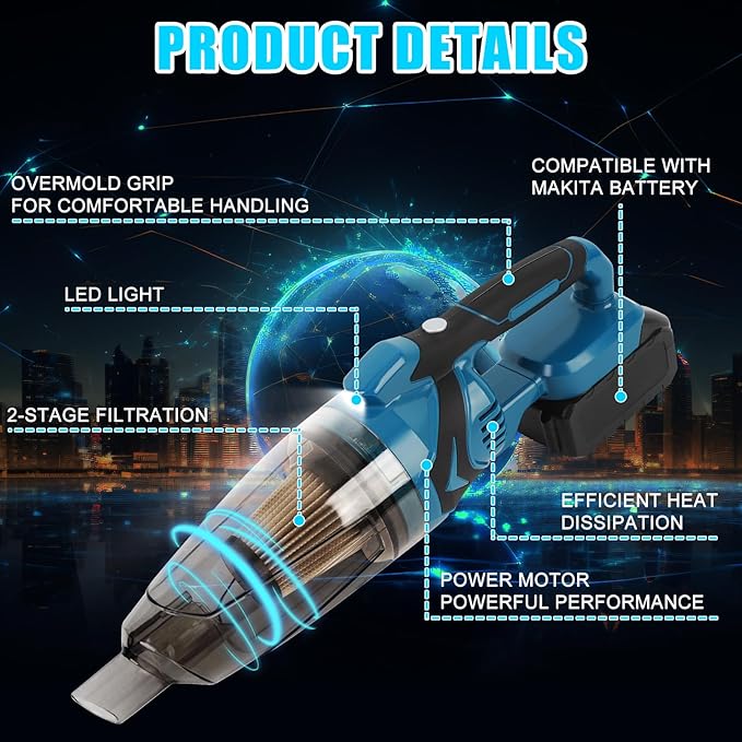 WODHMIEY 20V 11kPa Cordless Handheld Vacuum, Electric Vacuum Cleaner Compatible with Battery, Powerful Suction for Home Car Office Cleaning (with 2 Batteries)
