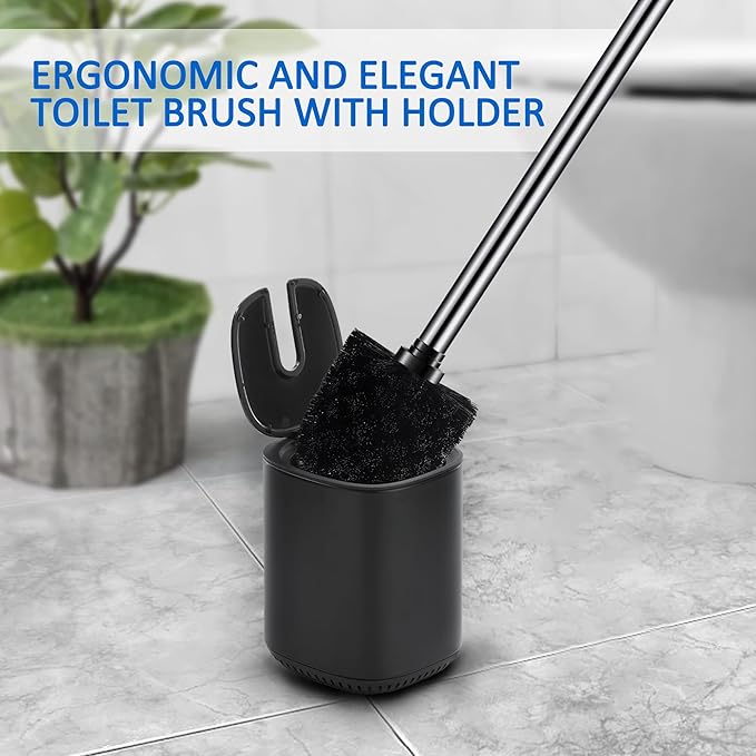 Leadfun Toilet Bowl Brush and Holder, Toilet Brush with Stainless Steel Handle and Durable Bristles for Bathroom Cleaning, Automatic Closing Holder Set (Black)