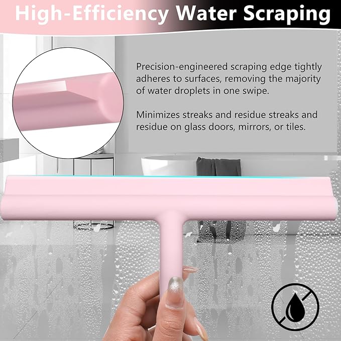 DEOFUXT Silicone Shower Squeegee for Glass Doors Window Squeegee for Walls, Sink, Mirror, Bathroom, Car Window Cleaning - Pink