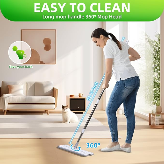 ZJSYJJ Wall Mop and Bucket Set: Wringing Wall Scrubber for Bathroom Cleaning Floor Mop with Spinner for Kitchen Lovely Gift for Women 6 Reusable Pads