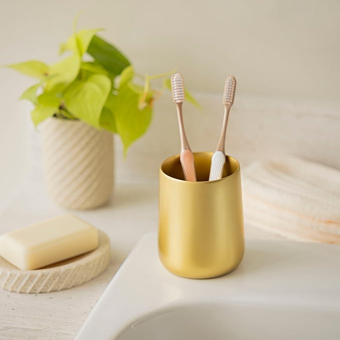 Yew Design Gold Toothbrush and Toothpaste Holder and Cup for Bathroom Vanity and Countertop, Round Organizer for Electric Toothbrushes, Floss, Razors, Cotton, and Mouthwash