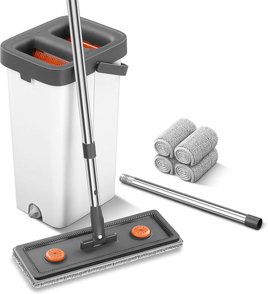 MUEE Mop and Bucket with Wringer Set for Home, Flat Mop and Bucket Set for Floor Cleaning and Window Wall Cleaner, Wet and Dry Mop with Long Handle and 4 Microfiber Pads