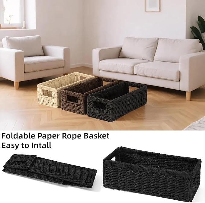 Paper Rope Storage Baskets with Handles, Wicker Storage Basket, Toilet Paper Basket for Toilet Tank Top, Bathroom Toilet Paper Storage Wicker Baskets for Organizing Shelves, 2-Pack, Black