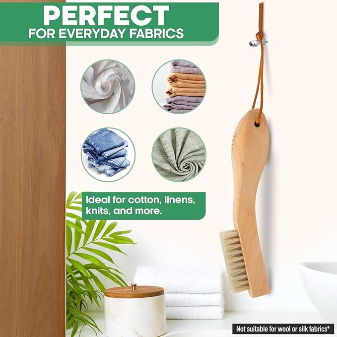 Laundry Stain Remover Clothes Brush Set of 2 Natural Soft Boar Bristle White & Black for Scrubbing Out Tough Stains on Delicate Fabrics, Knits, Cotton, Linens, Small Brush