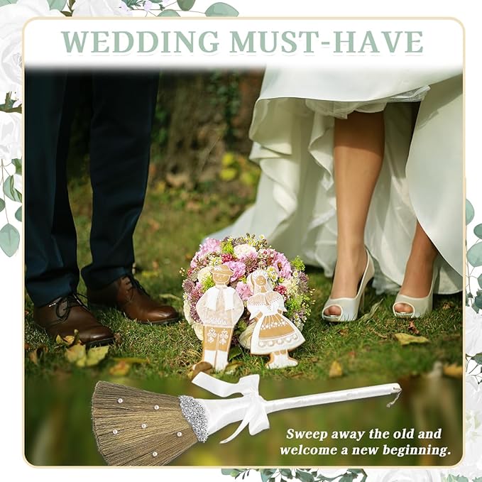 Quaocens Wedding Brooms for Jumping Ceremony,White Whisk Broom Wedding Broom with White Ribbon and Faux Pearls,Whisk Broom Jumping The Brooms for Wedding DIY Wedding Ceremony Crafts