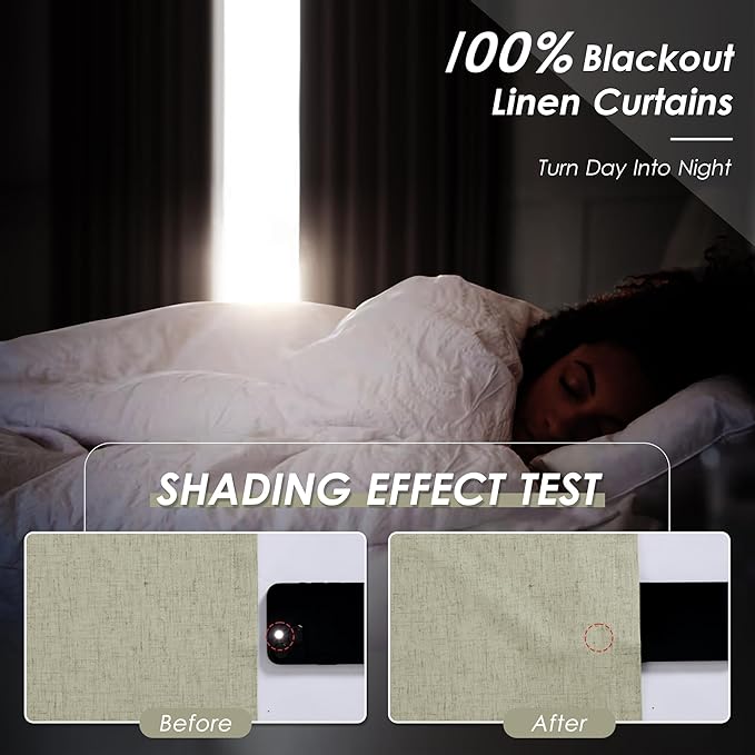 Nanspring Sage Green Linen 100% Blackout Curtains 100 inch Length Back Tab Rod Pocket Drapes Thermal Insulated Textured Living Room Black Out Curtains 2 Panels Set 52x100