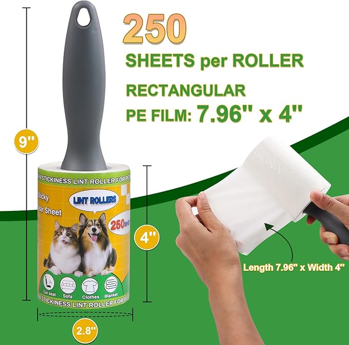 Sunroda Lint Roller Pet Hair Value Pack of 250 Sheets, Extra Sticky Lint Remover for Dog & Cat Fur, Clothes, Furniture, Couches Reusable Lint Remover for Fuzz, Fluff & Hair(White)