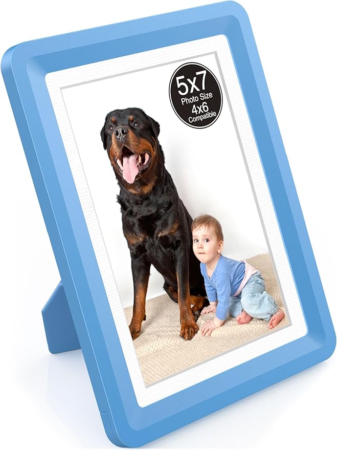 1-Pack 5x7 Picture Frame or 4x6 with Mat – Shatterproof Plastic Photo Frame for Family, Nursery, and Playroom, Wall & Tabletop Picture Frames for Home, Office, Safe & Lightweight Design in Blue