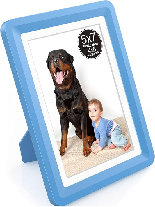 1-Pack 5x7 Picture Frame or 4x6 with Mat – Shatterproof Plastic Photo Frame for Family, Nursery, and Playroom, Wall & Tabletop Picture Frames for Home, Office, Safe & Lightweight Design in Blue
