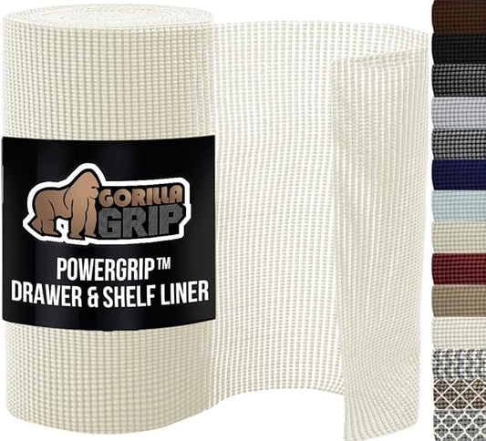 GORILLA GRIP powerGRIP Drawer Shelf and Cabinet Liner, Thick Strong Hold, Non-Adhesive Liners Protect Kitchen Cabinets and Cupboard, Bathroom Drawers, Easy Install, Breathable Mat, 24" x30' Snow White
