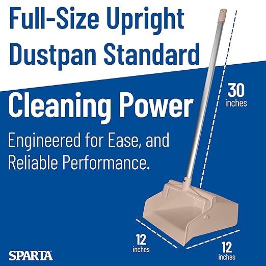 SPARTA Upright Dustpan with Aluminum Handle, Serrated Edge for Broom Combing, Secure Yoke Lock with Easy Storage Hanging Hole for Commercial Cleaning, Plastic, 30 Inches, Tan