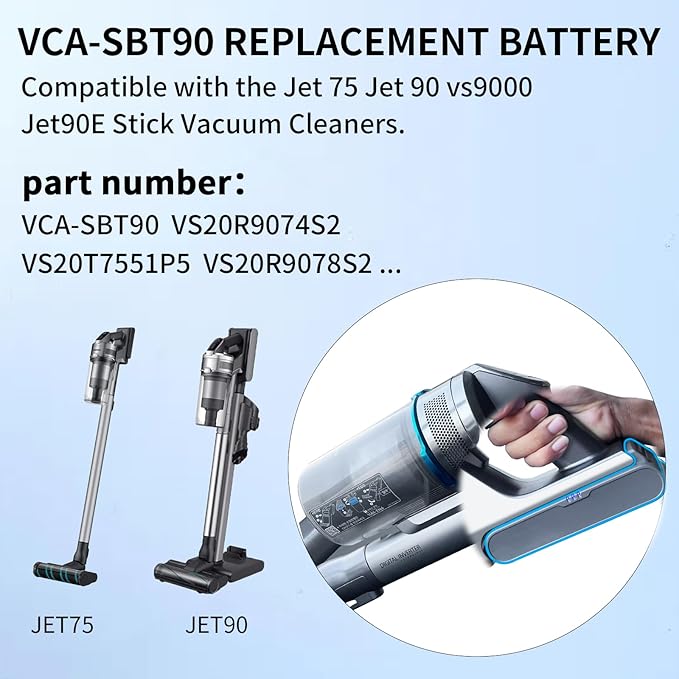 CBQ 4000mAh 21.9V VCA-SBT90 Battery Replacement for Samsung Jet90 90+ Jet75/Jet75 pet VS9000 Cordless Stick Vacuum Cleaners, Compatible with Jet75 Jet90 VS20T7512N7,VS20R9074S2 Vacuum
