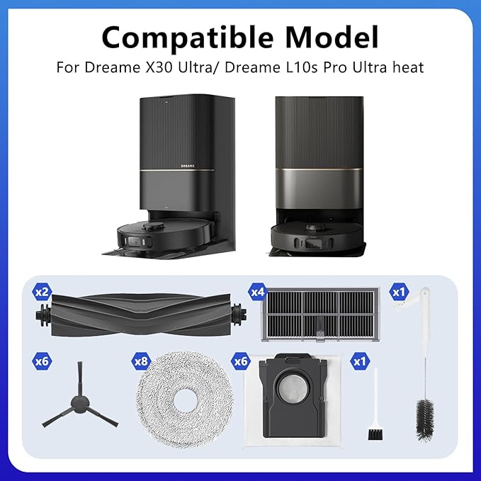 L10s Pro Ultra Heat/X30 Ultra/ L10s Ultra gen 2/L40s Ultra AE/CE Replacement Parts for Dreame, Mova E30 Ultra accessories:2 Main Brushes,8 Mop Pads,6 Carbon Dust Bag,4 Carbon Filters,6 Side Brushes