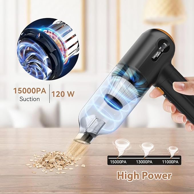 Beautiq Handheld Vacuum Cordless, Handheld Car Vacuum Cleaner 15000Pa with Air Duster, Portable Strong Suction LED Display, Rechargeable Blower Mini for Home Pet Hair Dust