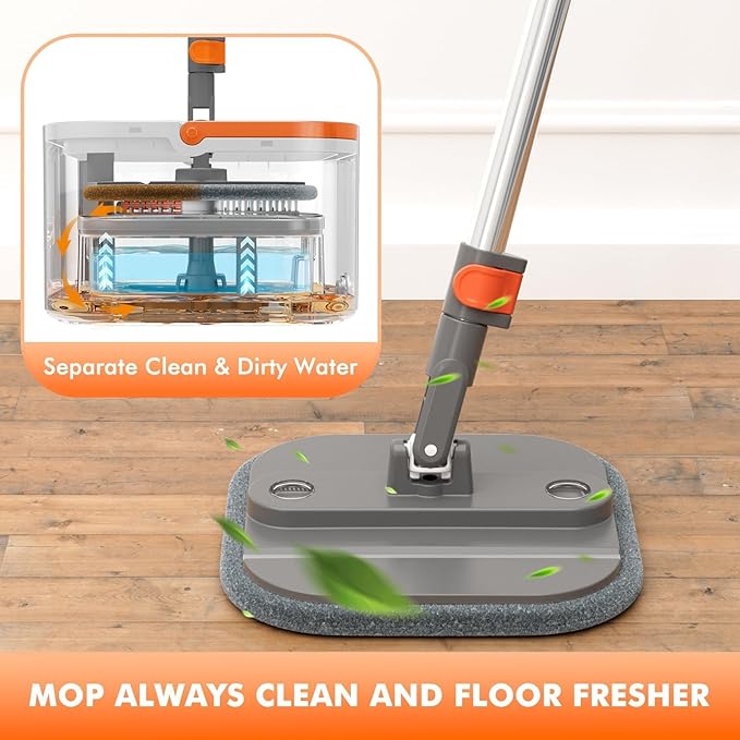 Upgraded Spin Mop and Bucket System Set, Self Separate Clean and Dirty Water, Foldable Square Standing Mop Head with Microfiber Mop Pads, Detachable Bucket (Grey+Orange, Mop Set with 6PC Pads)