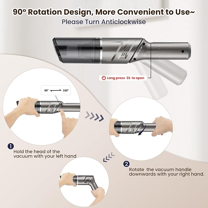 MZGO Cordless Car Vacuum Cleaner,Portable Handheld Vacuum with 90° Adjustable Handle,120W / 12000Pa Rechargeable Mini Dust Buster for Cars,Carpets and Pet Hair