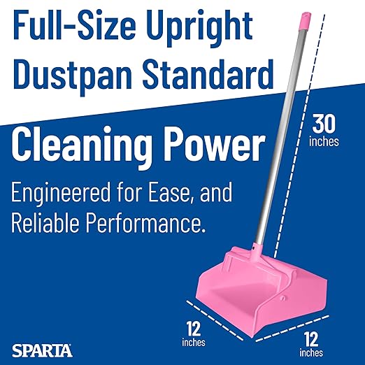 SPARTA Upright Dustpan with Aluminum Handle, Serrated Edge for Broom Combing, Secure Yoke Lock with Easy Storage Hanging Hole for Commercial Cleaning, Plastic, 30 Inches, Pink