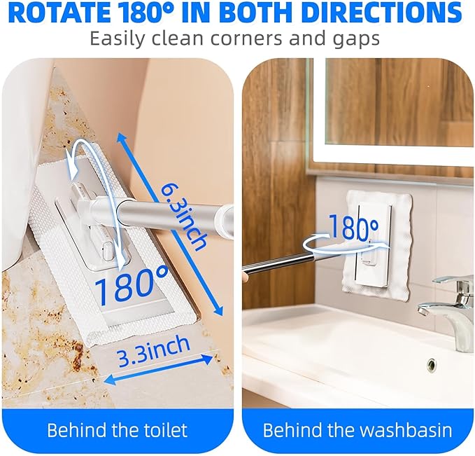 Snap Grip Mini Mop, Zero-Touch Gap Dust Cleaner with 39' Lazy Mop Stick & Locking Head, Disposable Dust Mop for House Wall Bathroom Toilet Corners Multi Surface Cleaning with 5 Cloths