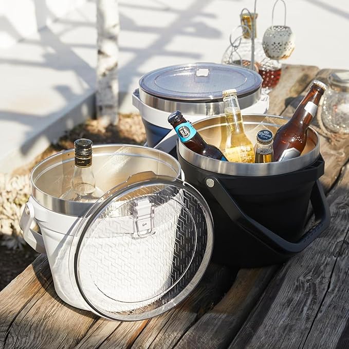 COKTIK 7L Insulated Ice Bucket with Lid，Double Wall Vacuum Stainless Steel Beverage Bucket Keeps Frozen Longer，Holds 6 Longnecks or 3 Bottles of Wine，for hot food, Large Parties(No Accessories, White)