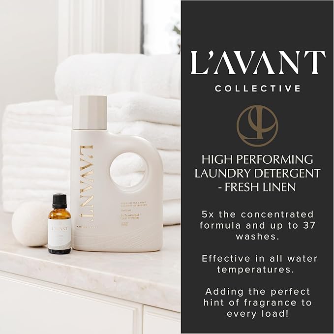 L'avant Collective High Performing Laundry Detergent Soap - Luxury Deep Cleaning & Powerful Odor Defense Ultra Concentrated Notes of Geranium, Ylang Ylang, Bamboo Professional Wash 32 Oz (Fresh Linen)