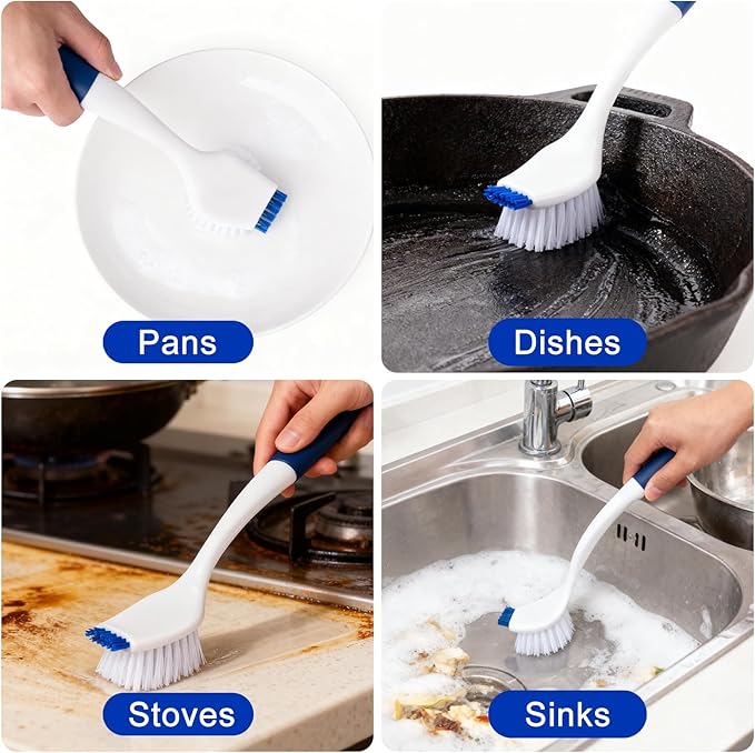 Heavy Duty 2 Pack Dish Scrub Brush with Handle BITOPE Kitchen Cleaning Scrubber with Stiff Bristle Scraper for Washing Sink Dishes Bottle Cup Pot Pan Cookware