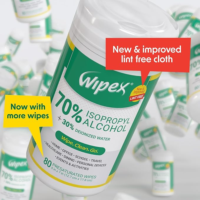 Wipex Alcohol Wipes with 70% Isopropyl Alcohol, 80 CT Lint-Free Cloth in Sealed Canister to clean Surfaces, Electronics, Computer Screens, Glasses, 80 Count (Pack of 1)