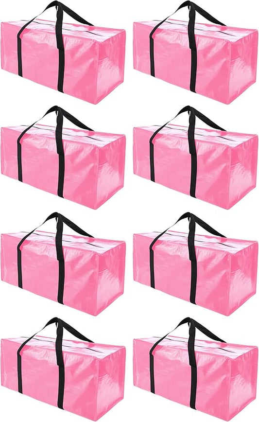 8 Pack Extra Large Moving Bags with Zippers & Carrying Handles, Heavy-Duty Storage Tote for Space Saving Moving Storage, Fold Flat, Alternative to Box and Bin,Pink
