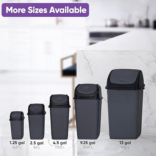 Superio Small 2.5 Gallon Plastic Trash Can with Swing Top Lid, Compact Slim Waste Bin for Under Desk, Office, Bedroom, Bathroom, Dorm Room, 10 Qt. Portable Garbage Can (Dark Grey, 2 Pack)