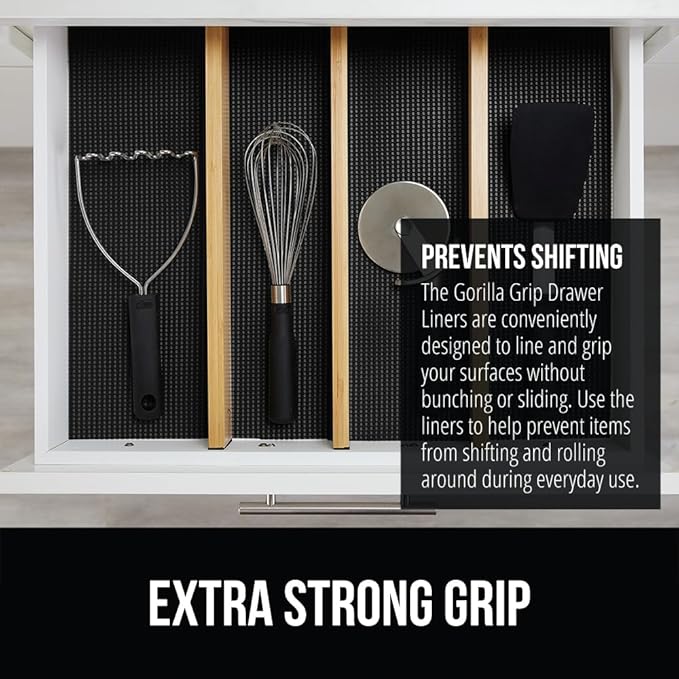 GORILLA GRIP powerGRIP Drawer Shelf and Cabinet Liner, Thick Strong Hold, Non-Adhesive Liners Protect Kitchen Cabinets and Cupboard, Bathroom Drawers, Easy Install, Breathable Mat, 20" x30', Black