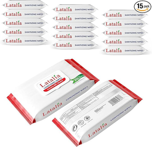 Latalia Hand Wipes Pack of 15 | 80% Alcohol Hand Sanitizer Wipes for Hands & Face Moisturizing, Gentle, Convenient and Fragrance Free (20 Counts)