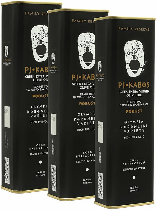 P.J. KABOS 2024/25 Harvest, Very High Phenolic (750+mg/kg), Natural Greek Extra Virgin Olive Oil, Kosher, Greece, Cold Extracted, 16.9 oz Tin, "Family Reserve - Robust" (3-PACK)