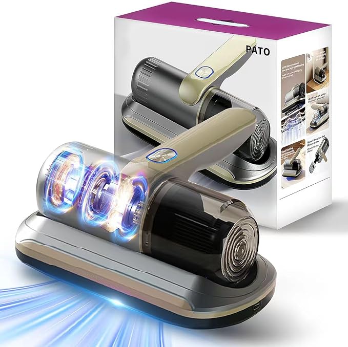 PATO Mattress Vacuum Cleaner, Wireless Handheld Bed Vacuum Cleaner with UV-C Light, HEPA Filter and Ultrasonic Vibration, 12KPa, Suitable for Beds, Sofas, Car Seats, Carpets (Golden)